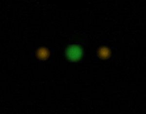 The low-light view of the Warren 3 dot sights...note the bigger, brighter front sight in the middle.