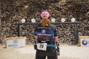 Julie Golob prepares to shoot the Plates at the 2014 Bianchi Cup.